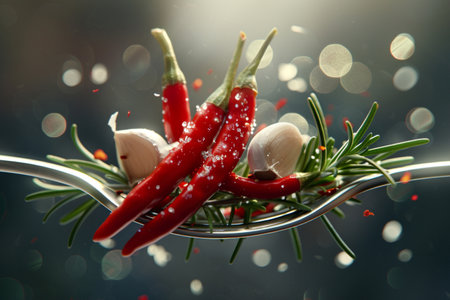 Spicy hot chili pepper on a spoon with rosemary and garlicの素材