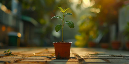 Young plant in a pot on the terrace. Selective focus.の素材
