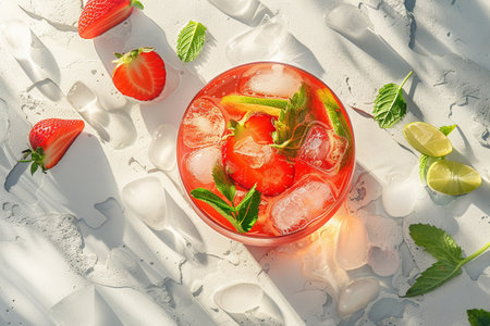 Strawberry mojito cocktail with lime, mint and ice on white backgroundの素材