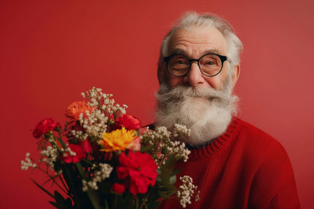 Portrait of a happy senior man with a long white beard and glasses holding a bouquet of flowers.の素材
