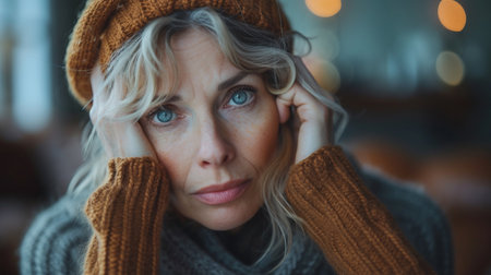 Portrait of a beautiful blonde woman in a warm knitted hat and scarf.の素材