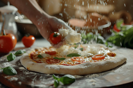 Female hands sprinkling mozzarella cheese on pizza with tomatoes, closeupの素材
