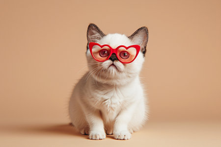 Cute white cat wearing red heart shaped glasses on beige backgroundの素材