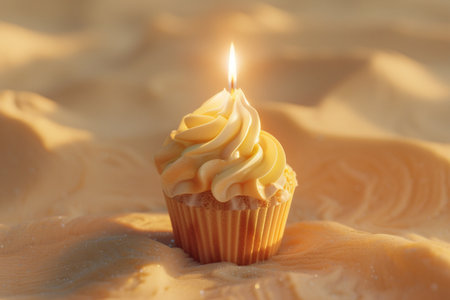 Cupcake with candle on the background of a yellow sand.の素材