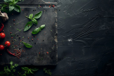Fresh basil leaves and cherry tomatoes on black background with copy space. top viewの素材