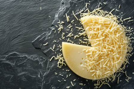 Piece of parmesan cheese on slate background, top viewの素材