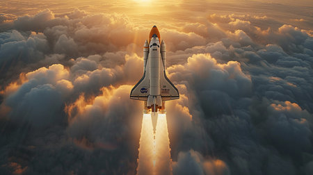 Rocket flying in the clouds. 3D illustration. space travelの素材