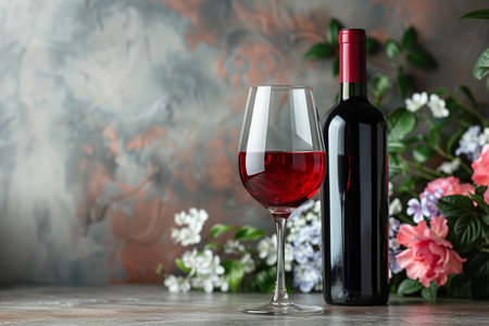 Bottle and glass of red wine on table against grunge backgroundの素材