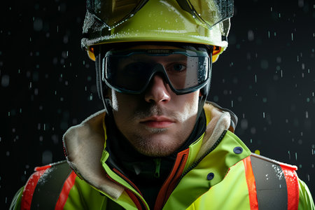 Portrait of a firefighter in a helmet and goggles under the rain.の素材