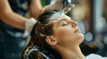 Hairdresser washing hair of a woman in a beauty salonの素材