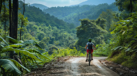 Cyclist riding mountain bike on a dirt road in the jungleの素材