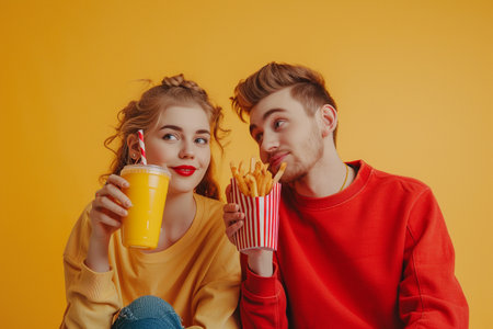 Young couple eating french fries and drinking orange juice on yellow background.の素材