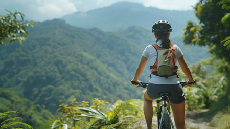 Mountain biking woman on forest trail. Sport and healthy lifestyle concept.の素材