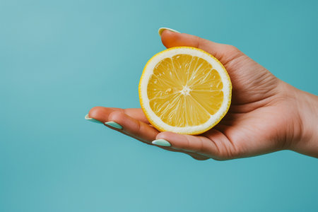 Female hand holding a slice of lemon on a blue background. Copy space.の素材