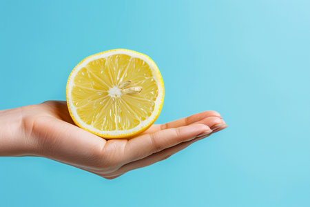 Female hand holding a half of lemon on blue background with copy spaceの素材