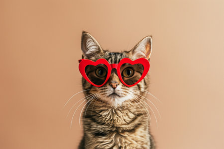 Cat with heart shaped glasses on beige background. Valentine's day conceptの素材