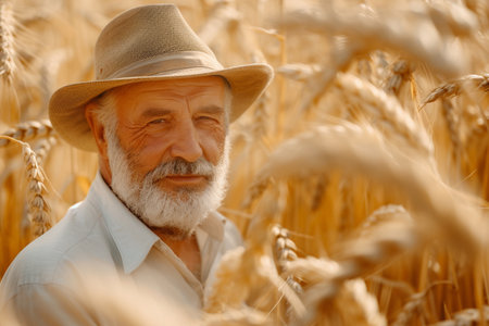 Portrait of a senior man in a wheat field. Selective focus.の素材