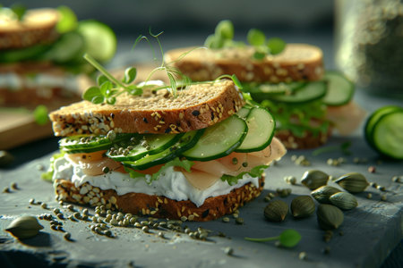 Sandwiches with cucumber, cream cheese and microgreensの素材