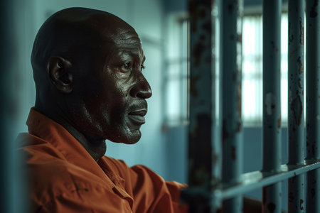 portrait of a sad and depressed black afro american old man in orange uniform sitting in prison cell looking desperate suffering depression and anxiety crisisの素材