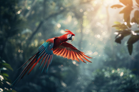 beautiful scarlet macaw bird flying in the jungle with sunlight.の素材
