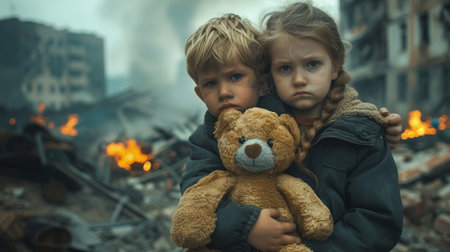 Portrait of two little children, boy and girl, holding teddy bear on the background of a bonfireの素材