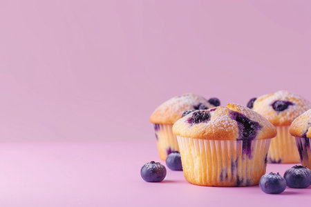 Delicious blueberry muffins on pink background, space for textの素材