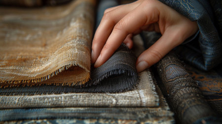 Closeup of a woman's hand holding a fabric swatch.の素材