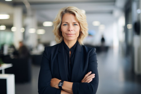 Portrait of mature businesswoman standing with arms crossed in modern officeの素材