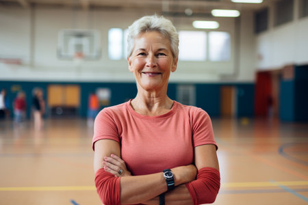 Portrait of smiling senior woman standing with arms crossed in fitness studioの素材