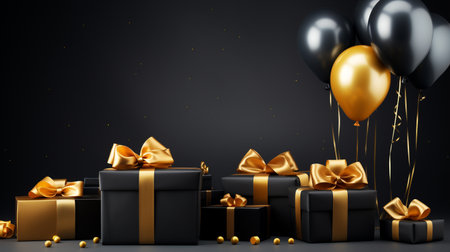 Black and gold balloons and gift boxes on black background. Vector illustration.の素材