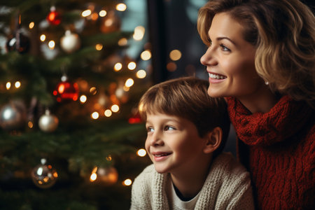 Happy mother and son in warm sweaters at home near christmas treeの素材