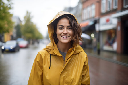 Portrait of a smiling young woman in raincoat standing on the streetの素材