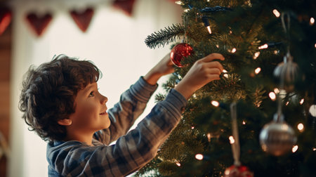 Cute little boy decorating Christmas tree at home. Happy family preparing for Christmas.の素材