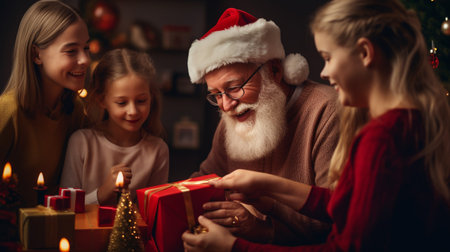 Merry Christmas and Happy Holidays! Cheerful Santa Claus and his family exchanging gifts at home.の素材
