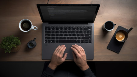 Top view of woman using laptop at wooden table with coffee cup and other objectsの素材