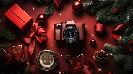 Christmas composition Photo camera, gift box, fir tree branches on red background. Flat lay, top view, copy spaceの素材