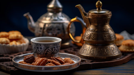 Tea hot drink on old background in composition with accessories on the tableの素材