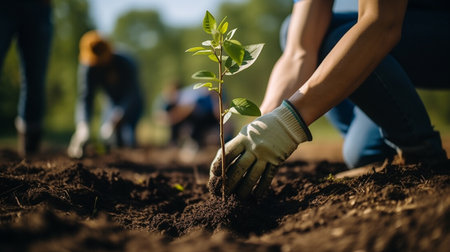 Young woman planting a tree in the garden. Focus on young seedlingsの素材
