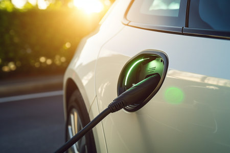 EV charging station for electric car in concept of green energy produced from sustainable source to supply to charger station in order to reduce CO2 emission.の素材