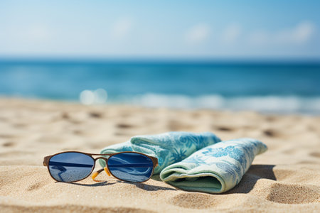 Sunglasses, towel and sunglasses on the beach. vacation conceptの素材