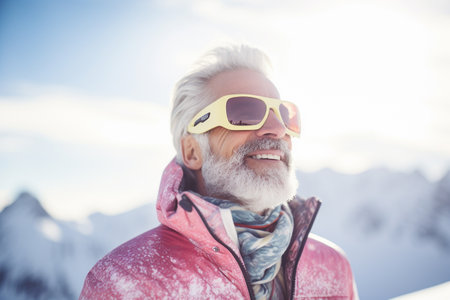 Portrait of senior man with snowboard against snowy mountains at sunny dayの素材
