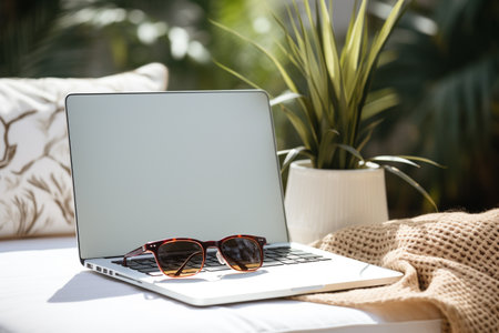Laptop with sun glasses on table in garden. Space for textの素材
