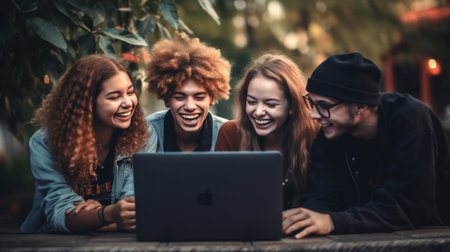Group of friends using a laptop in the park. Technology concept.の素材