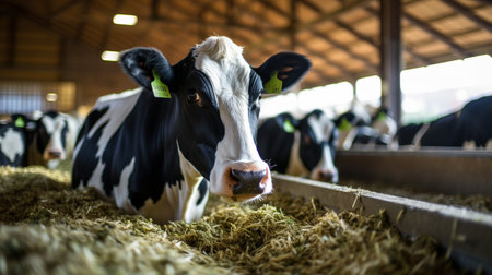Cows in a farm on a sunny day. Selective focus.の素材