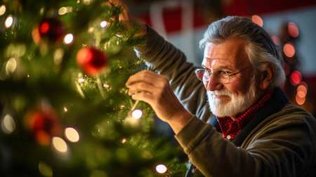 Senior man decorating christmas tree at home in the living roomの素材