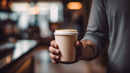 Cropped image of man holding coffee cup while standing in coffee shopの素材