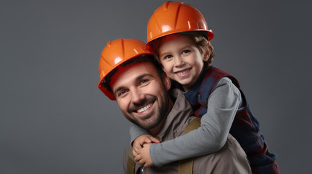 Father and son in hard hats on gray background. happy family conceptの素材