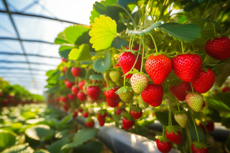 Strawberry growing in the garden. Fresh strawberries growing in a greenhouse.の素材