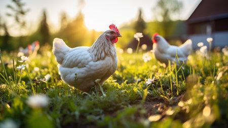 Chickens on the grass in the village. Selective focus.の素材