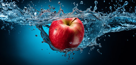 Red apple falling into water with splash on blue background. 3d renderingの素材